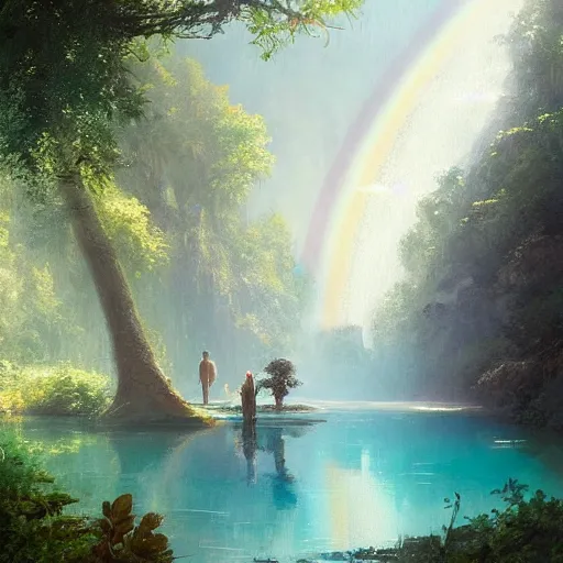 Prompt: of a cascade in a turquoise river surrounded by greenest vegetation, under the rainbow, by greg rutkowski