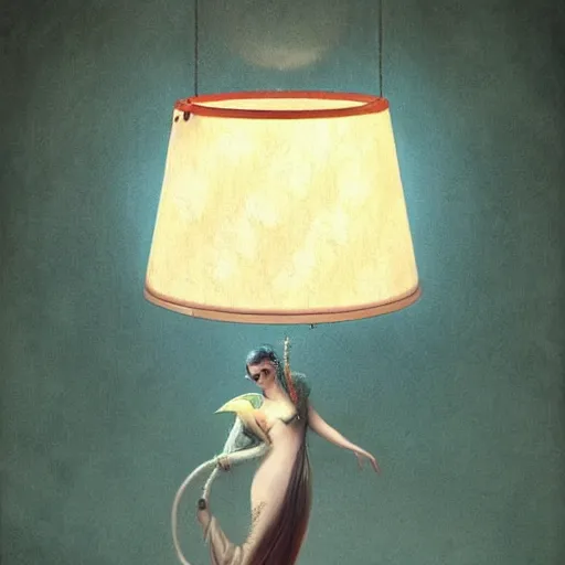 Prompt: A lamp with a lampshade designed by Tom Bagshaw