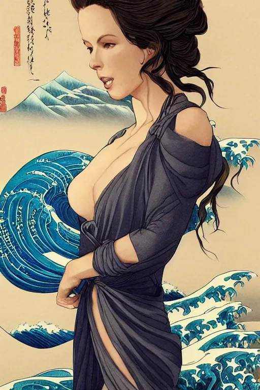 Image similar to kate beckinsdale as a heroine with a dress inspired by the great wave off kanagawa by Hokusai, digital painting, artstation, concept art, smooth, sharp focus, illustration, art by artgerm and donato giancola and Joseph Christian Leyendecker, Ross Tran, WLOP