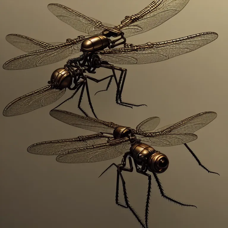 Prompt: steampunk robot dragonflies, 3 d model, unreal engine realistic render, 8 k, micro detail, intricate, elegant, highly detailed, centered, digital painting, artstation, smooth, sharp focus, illustration, artgerm, tomasz alen kopera, wlop