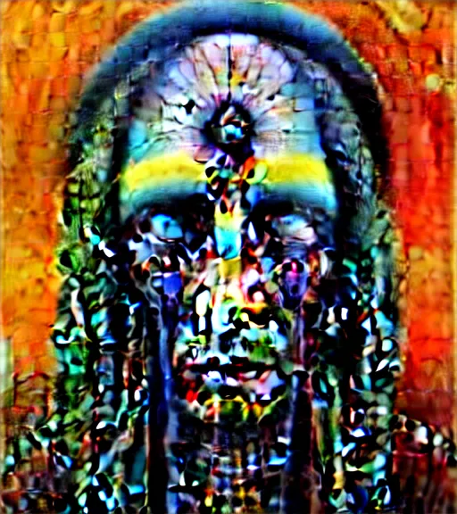 Image similar to Portrait painting in a style of Beksinski mixed with Alex Grey of an old shaman dressed in a colorful traditional clothes. psychodelic