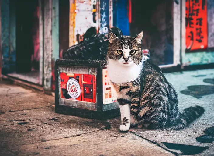 Image similar to photography of a Cat sitting on a box. in a cyberpunk street, award winning photo, colors, 100mm, sharp, high res