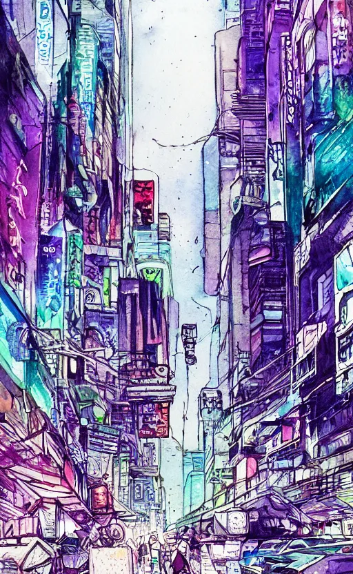 Prompt: A busy cyberpunk street, magical, watercolor-calligraphy-pen drawing