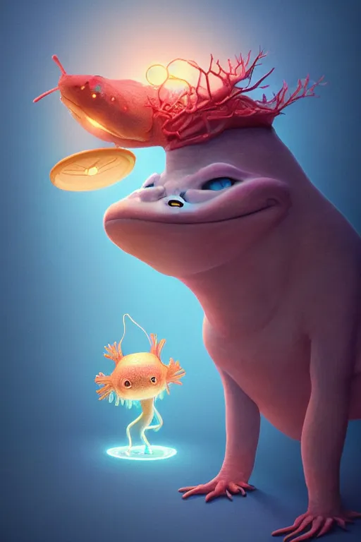 Image similar to Bioluminescent, portrait of axolotl wearing wizard hat, very intricate , trending on artstation , very elegant, in the golden hour by Daniel Merriam, Trending on Artstation, oil on Canvas by Elena Zhurikhina and Goro Fujita and Charlie Bowater, octane render, 4k, 8k, HD