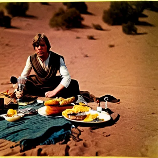 Prompt: autochrome wet plate photograph of luke skywalker having a picnic in the desert