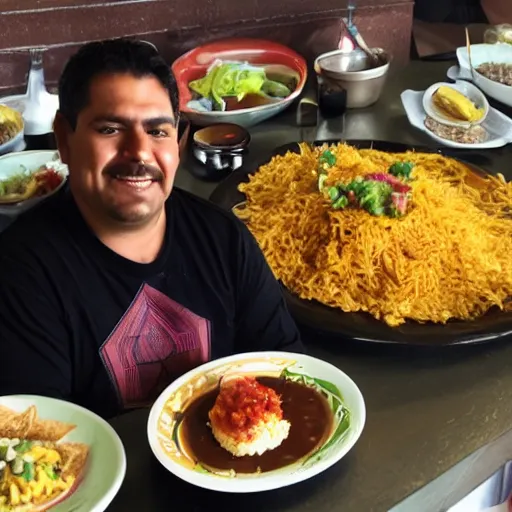 Image similar to a giant plate of indiscriminate mexican food with a smiling man behind it