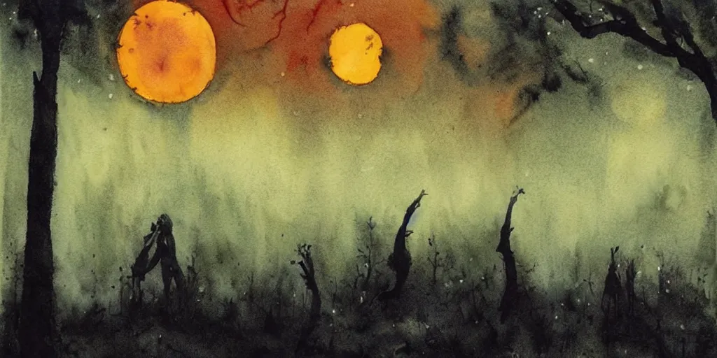 Prompt: forest mystical ceremony under the moon light, fireflies, ominous sky, watercolor by jeffrey catherine jones