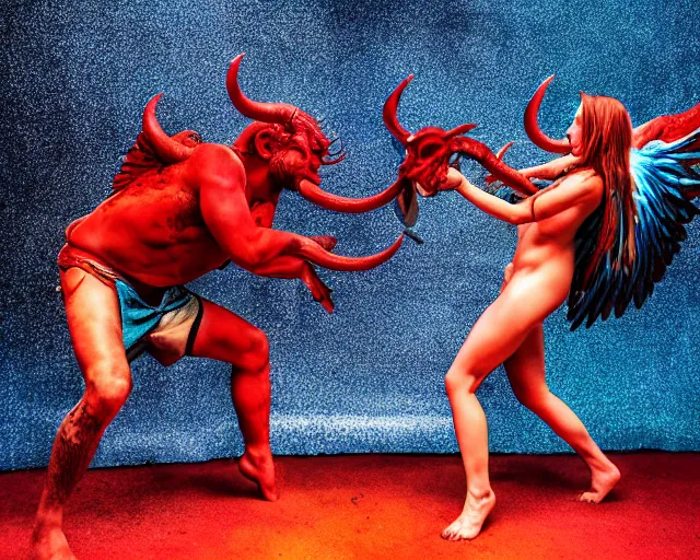 Image similar to red - male - horned - devil and blue - female - angel fighting each other in mirrored pose, dramatic lighting, 8 k, high quality, hyper realistic, 3 5 mm photography, epic action fantasy masterpiece, colorful highlights