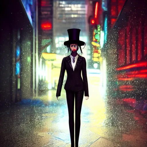 Image similar to stylish woman made out of rain, pinstripe suit, top hat, cyberpunk background, rendered in octane, unreal engine, highly detailed, trending on artstation, realistic, neon, beautiful