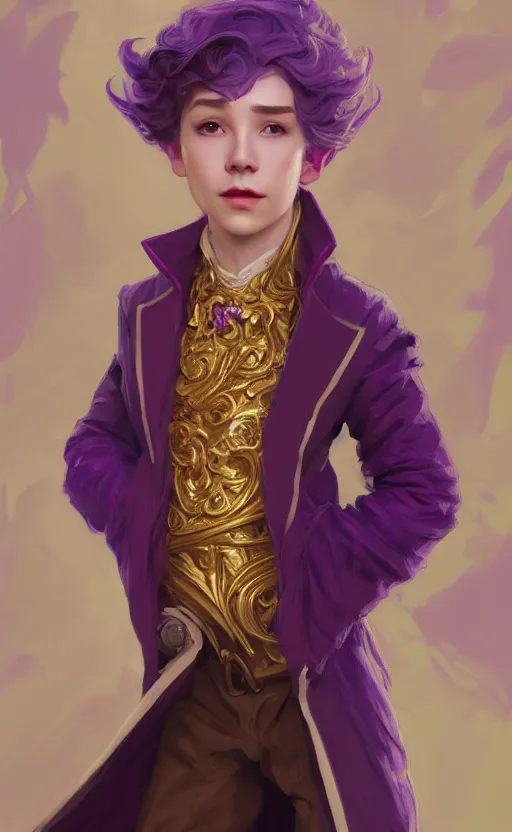 Prompt: non binary halfling, wearing purple smoking jacket, golden wings, d & d, fantasy, intricate and very beautiful and highly detailed, elegant, digital painting, artstation, concept art, matte, smooth and sharp focus, illustration, art by tian zi and wlop and alsphonse mucha and artgerm and greg rutkowski