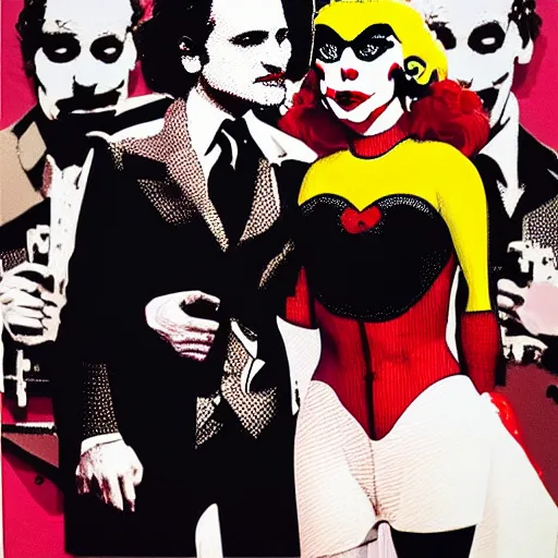 Prompt: richard hamilton and mimmo rottela and banksy as joaquin phoenix skinny joker holding hand lady gaga harley queen, ultra photorealistic, intricate details, pop art style, concept art, 3 colors, 4 d, smooth, sharp focus