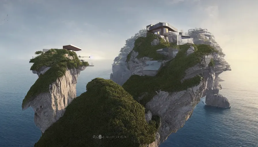 Image similar to modern house perched on a cliff overlooking a magnificient bay, concept art by raphael lacoste