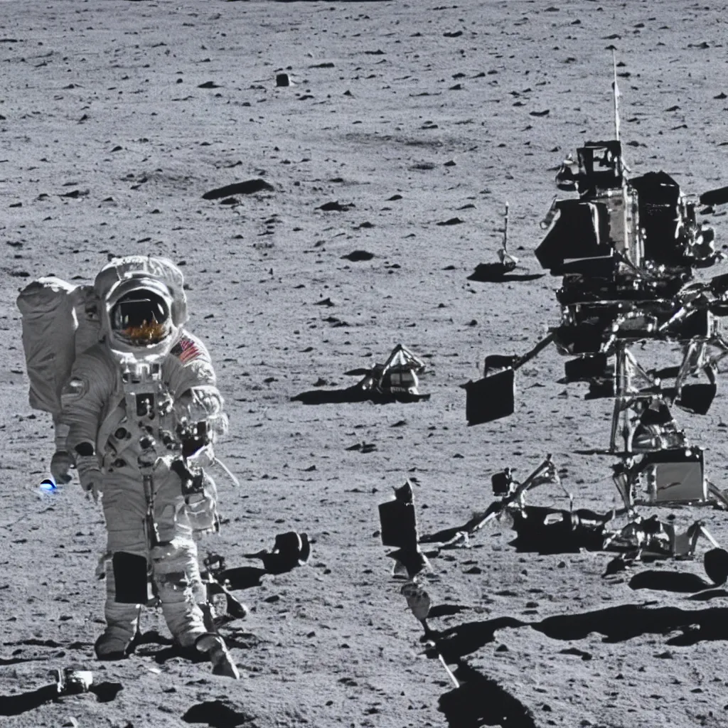 Prompt: a 1960s photo of Stanley Kubrick grinning on a movie set of the moon surface next to the eagle lander, 8K HD, old photo