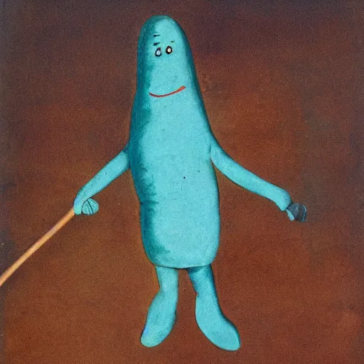 Image similar to a small turquoise sausage - shaped creature with two outstretched stick - like heads from the front of his body in costume