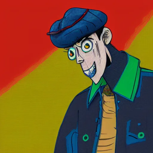 Prompt: extremely detailed illustration of a thin guy with a big nose and an overbite wearing a brown beret and a palid green plaid shirt stand up participating on a tv show, coloful, vibrant colors, symmetrical, anatomically correct, Trending on Artstation, HQ, deviantart, ost grunge, concept art by josan gonzales and wlop, by james jean, Victo ngai, David Rubín, Mike Mignola, Laurie Greasley, highly detailed, sharp focus, alien, Trending on Artstation, HQ, deviantart, art by artgem