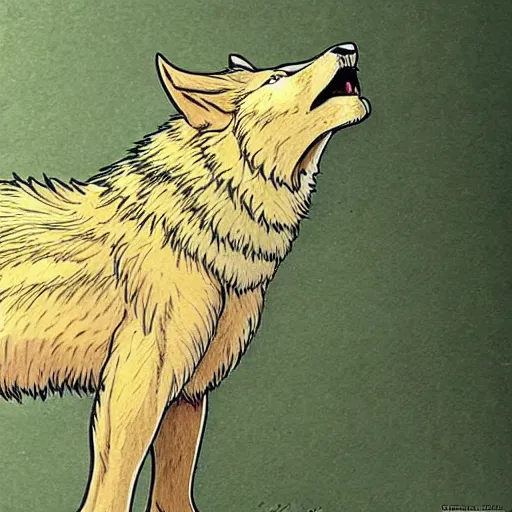 Prompt: wolf valcano hybrid, drawn by miyazaki nausicaa ghibli, moebius, yoshitaka Amano