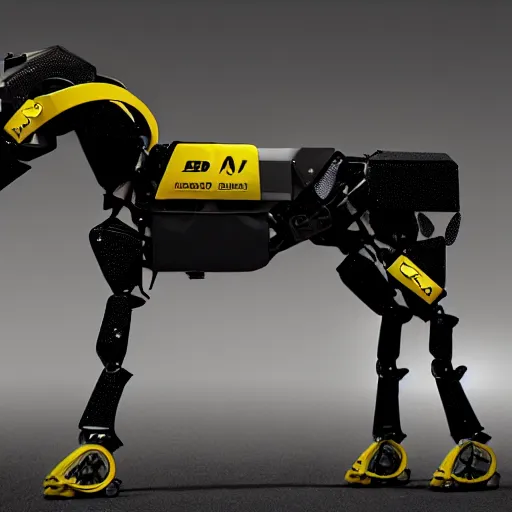 Image similar to boston dynamics horse robot, black with yellow accents, photorealistic, 8 k, octane render