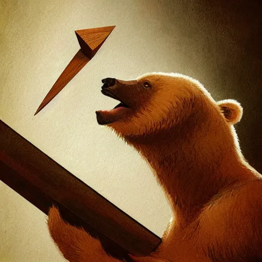 Image similar to realistic bear holding a triangular wooden triangle + guitar sound hole + guitar neck, highly detailed, digital painting, artstation, concept art, smooth, sharp focus, illustration, cinematic lighting, art by artgerm and greg rutkowski and alphonse mucha