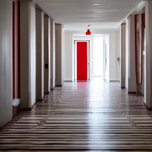 Prompt: an all white hotel hallways with a red door at the end, liminal space,