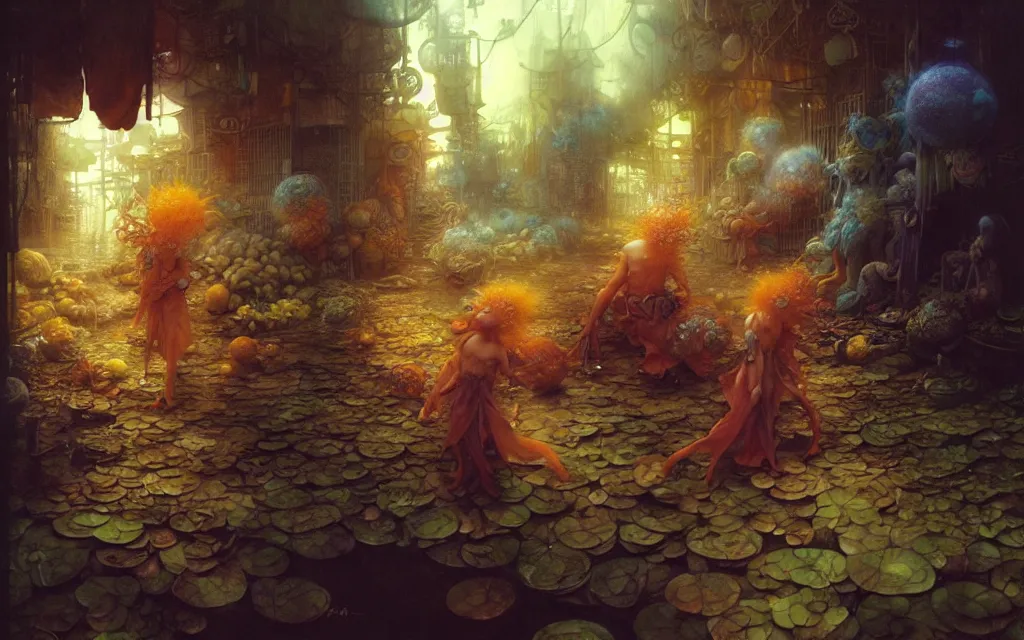 Image similar to anak orang gila di pasar, beautiful matte painting, brian froud, yoshitaka amano, kim keever, victo ngai, james jean