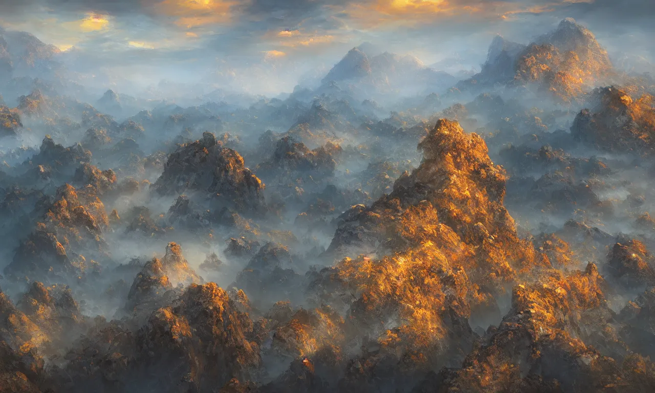 Image similar to breathtaking detailed digital painting of an aerial view of luxurious nature, mountains rocks at dawn with intricate ribbons and golden petals flying, with moody dark tumultuous clouds, by dao trong le, artstation, concept art, matte, 8 k,