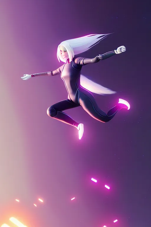 Prompt: android women jumping, scifi, futuristic design, bae suzy, long white hair, character design, cinematic lighting, highly detailed, by beeple, goro fujita, smooth gradient.