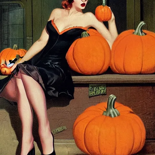 Prompt: a vampire shopping for pumpkins by gil elvgren, highly detailed oil painting, vintage postcard, 1 9 5 0 s art print