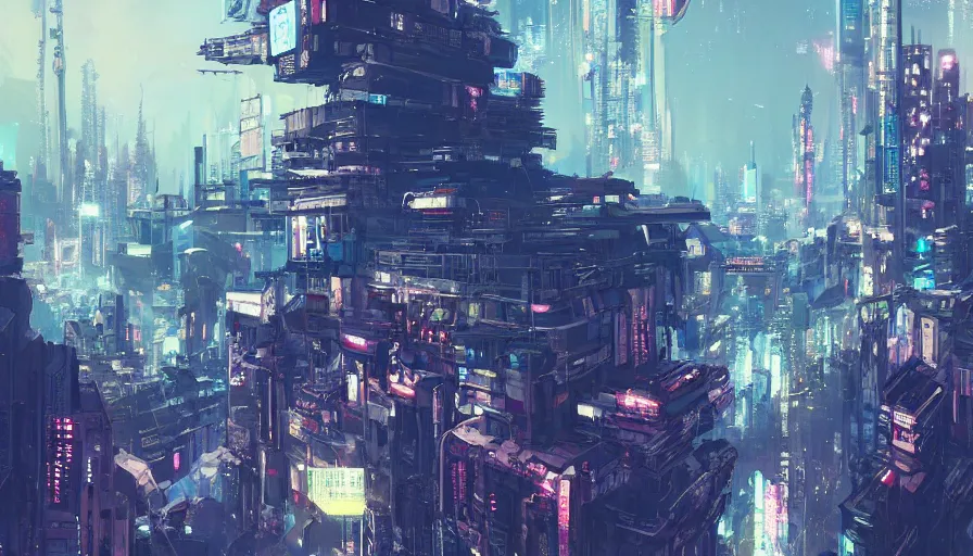 Prompt: A beautiful picture of an establishing shot of a cyberpunk neo tokyo cityscape by Sergey Vasnev and Ismail Inceoglu , trending on artstation.