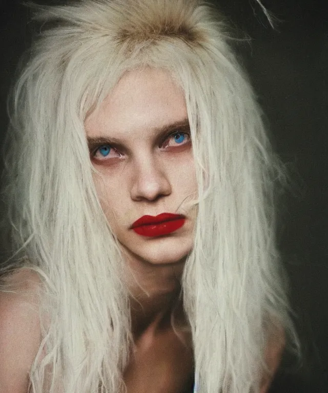 Image similar to a color photograph of a non binary model, platinum blonde, by nan goldin, intense, bold, hyperrealistic, ultra sharp, extra details, ultra high quality, trending on pinteresst