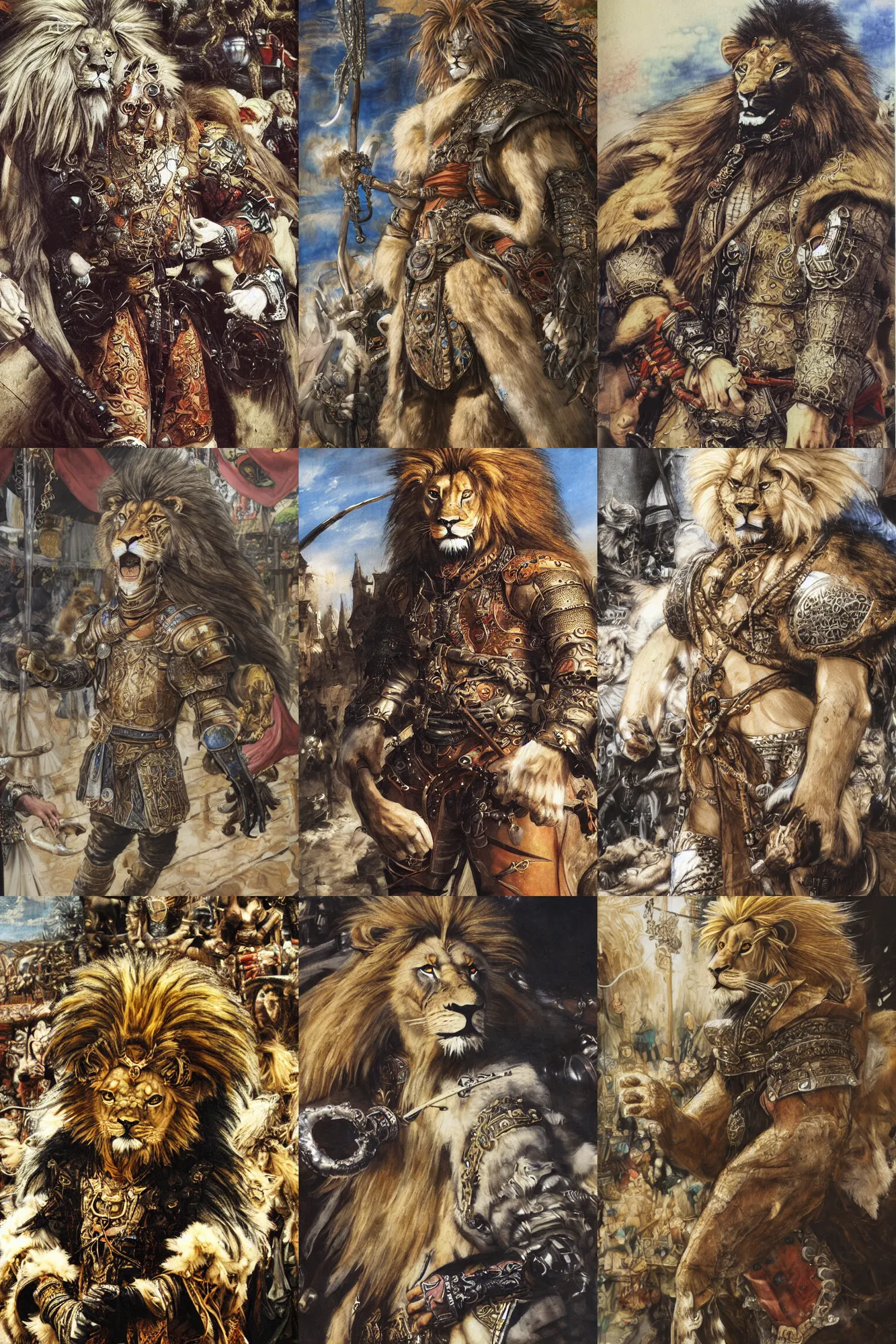 Image similar to 8 k yoshitaka amano painting of upper body of a young cool looking lion beastman with white mane at a medieval market at windy day. depth of field. he is wearing complex fantasy clothing. he has huge paws. renaissance style lighting.