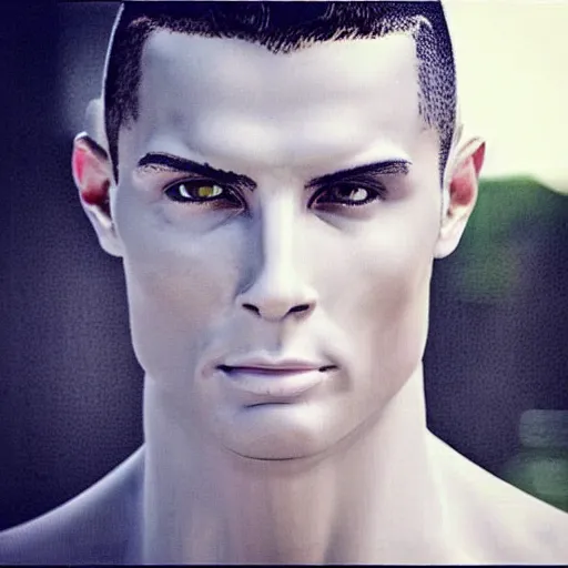 Image similar to “a realistic detailed photo of a guy who is an attractive humanoid who is half robot and half humanoid, who is a male android, Cristiano Ronaldo, shiny skin, posing like a statue, blank stare”