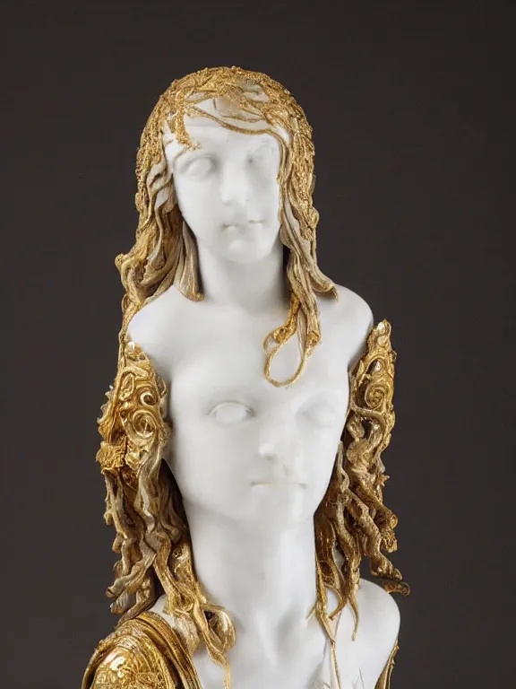 Image similar to a white art nouveau marble and gold head and torso sculpture of a worried young millie bobby brown with long, flowing hair, wearing intricate gold plate armor on her chest, delicate, intricate, smooth, beautiful, by charles van der stappen