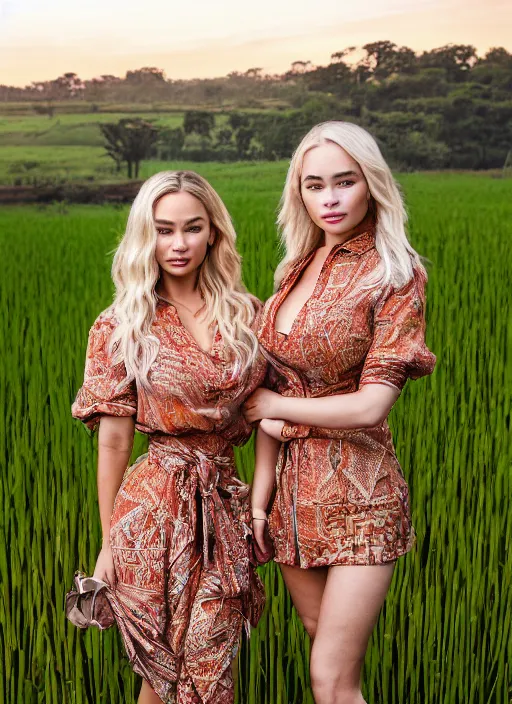 Image similar to portrait of lindsey pelas and emilia clarke wearing tied batik shirt in a paddy field, by charlotte grimm, studio light, detailed face, canon eos c 3 0 0, ƒ 1. 8, 3 5 mm, 8 k, medium - format print, half body shot