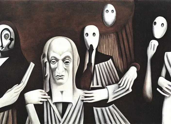 Image similar to singing strange machine with a faceless mask by leonora carrington and rene magritte and salvadore dali