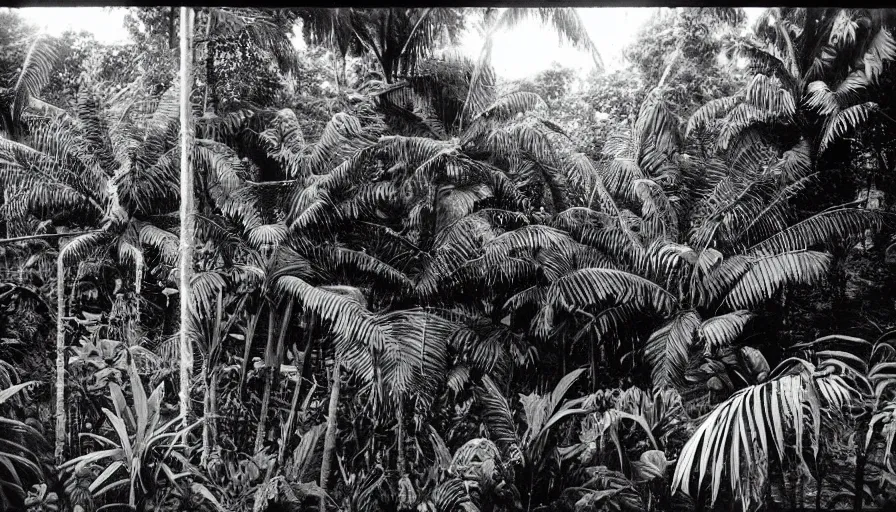 Image similar to lost film footage of a sacred object in the middle of the tropical jungle / film still / cinematic / enhanced / 1 9 2 0 s / black and white / grain