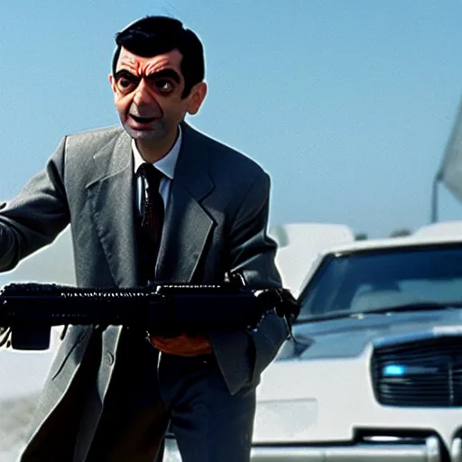 Image similar to film still of Mr. Bean playing Terminator, 4k