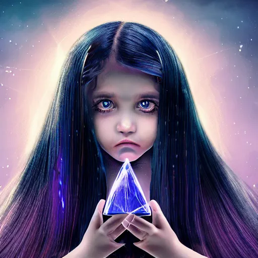 Prompt: mysterious girl child with her long black hair dressed in a chequered robe, chequered cape, carrying blue very big magical crystal, epic scene, atmospheric, surrounded by magical light, digital art, hd, 4 k, hyper detailed