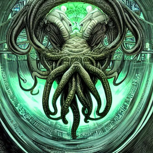 Image similar to cthulhu in culture capsule, bio chemical illustration, hyperealistic detailed photography, divinity, awful, religious art, sci - fi, green light