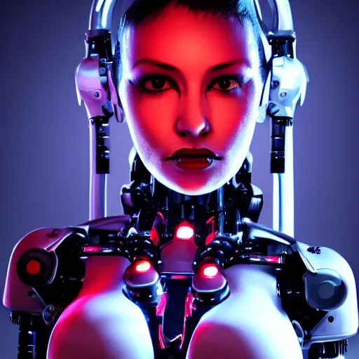 Image similar to an immaculate octane redshift high key lighting headshot rendering of an attractive curvy cybernetic goth woman with embedded LEDs, a cybernetic eye, and an exoskeleton.