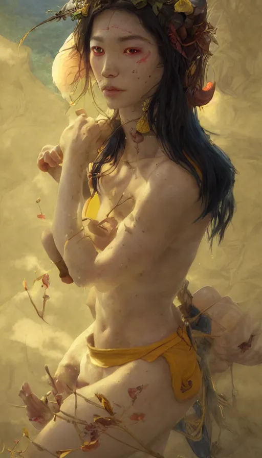 Prompt: epic masterpiece [rincess mononoke, drama, sweaty skin, hyperrealistic, octane render, cinematic, beautiful face and flawless skin, perfect hands, 5 fingers, yellow by Edgar Maxence and Ross Tran and Michael Whelan and Lorenzo Sperlonga, Brom, Legends of Runeterra