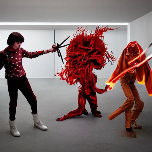 Prompt: A experimental art of two people, one a demon and the other a human, fighting each other with swords. Stranger Things by Cory Arcangel energetic