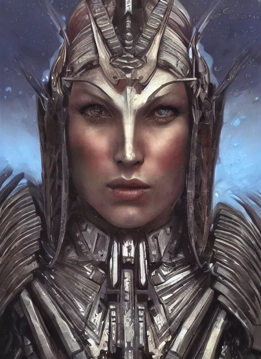 Prompt: symmetry! closeup biblical diabolical beautiful female valkyree! wooden cyborg! stylish armor, heavy eyes to the side, closeup, bright glowing eyes, in clouds, rain, sunset, portrait, by gerald brom, by mikhail vrubel, by peter elson, muted colors, extreme detail, mirrors, trending on artstation, 8 k