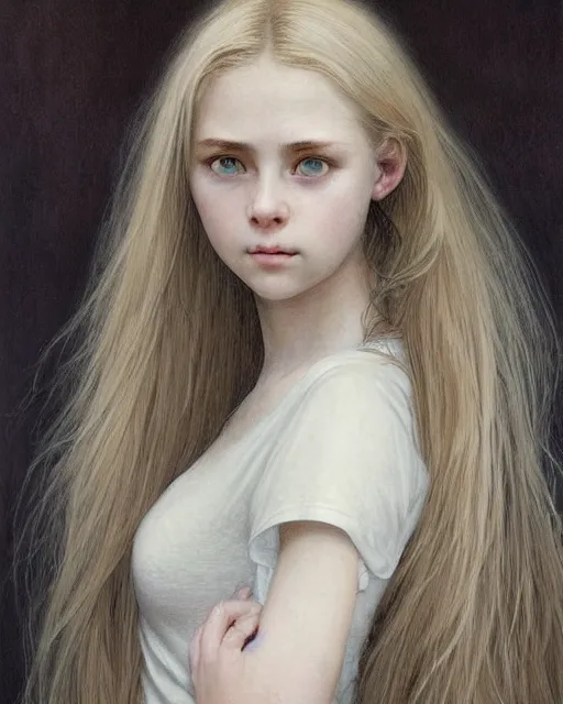 Image similar to portrait of 1 6 - year - old woman with dirty blonde hair down to her waist, pale eyebrows and protuberant silver eyes, wearing white shirt, hyper realistic face, beautiful eyes, close up, fantasy art, in the style of greg rutkowski, intricate, alphonse mucha, hyper detailed, smooth