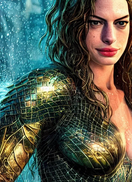 Image similar to anne hathaway as aquaman, au naturel, hyper detailed, digital art, trending in artstation, cinematic lighting, studio quality, smooth render, unreal engine 5 rendered, octane rendered