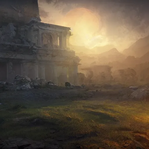 Prompt: half buried ruins of an ancient lost civilization at sunset, shadows, epic composition, intricate, elegant, volumetric lighting, digital painting, highly detailed, artstation, sharp focus