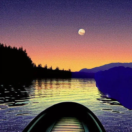 Prompt: A beautiful small boat alone on a lake at twilight with calm waters, the moon shines from above causing light ripples in the water. A small and calm traveller sits in the boat, at peace with himself and the world. A digital art piece designed by psychologists to calm a troubled mind. Tranquil dreams of tepid water, a moment frozen in time. Trending on art station, an award winning masterpiece