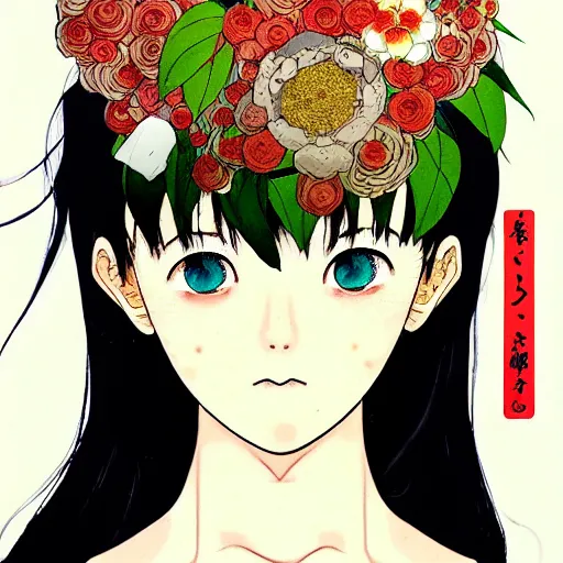 Image similar to prompt: Fragile portrait of singular persona covered with flowers illustrated by Katsuhiro Otomo, inspired by Evangeleon anime, smaller attributes, eyepatches, illustrative gouache style, intricate ink and gouache painting detail, manga and anime 1990