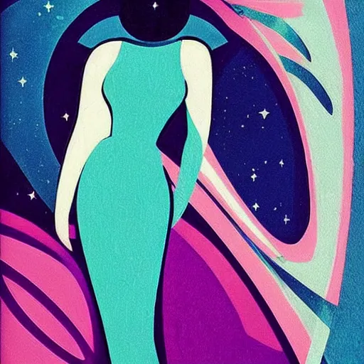 Image similar to “ femme on a galactic shore, 1 9 5 0 s noir, art deco, teal palette ”
