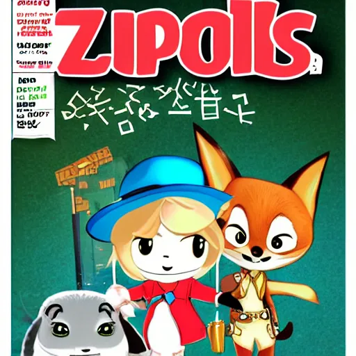 Image similar to 7 0's comic magazine cover, maple story and zootopia, maple story gun girl, fox from league of legends chibi, soft shade, soft lighting