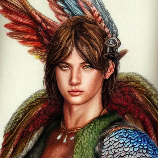 Image similar to hyper realistic color pencil drawing of a young male fairy druid with hawk wings, D&D character Art, detailed, rim light, diffused, intricate